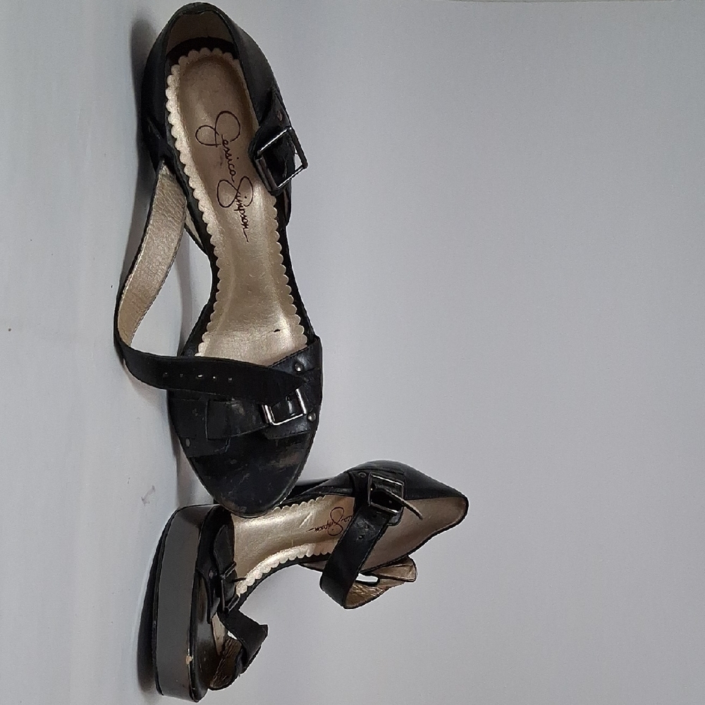 Jessica Simpson Black Patent Platform Peep-Toe Heels with Buckle